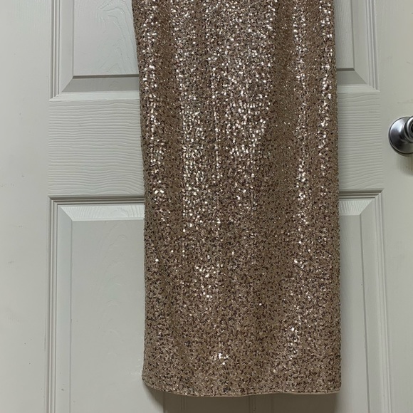 AIDAN BY AIDAN MATTOX Champagne Silver Halter Sequin Illusion Cut Open Back Gown - Picture 5 of 15